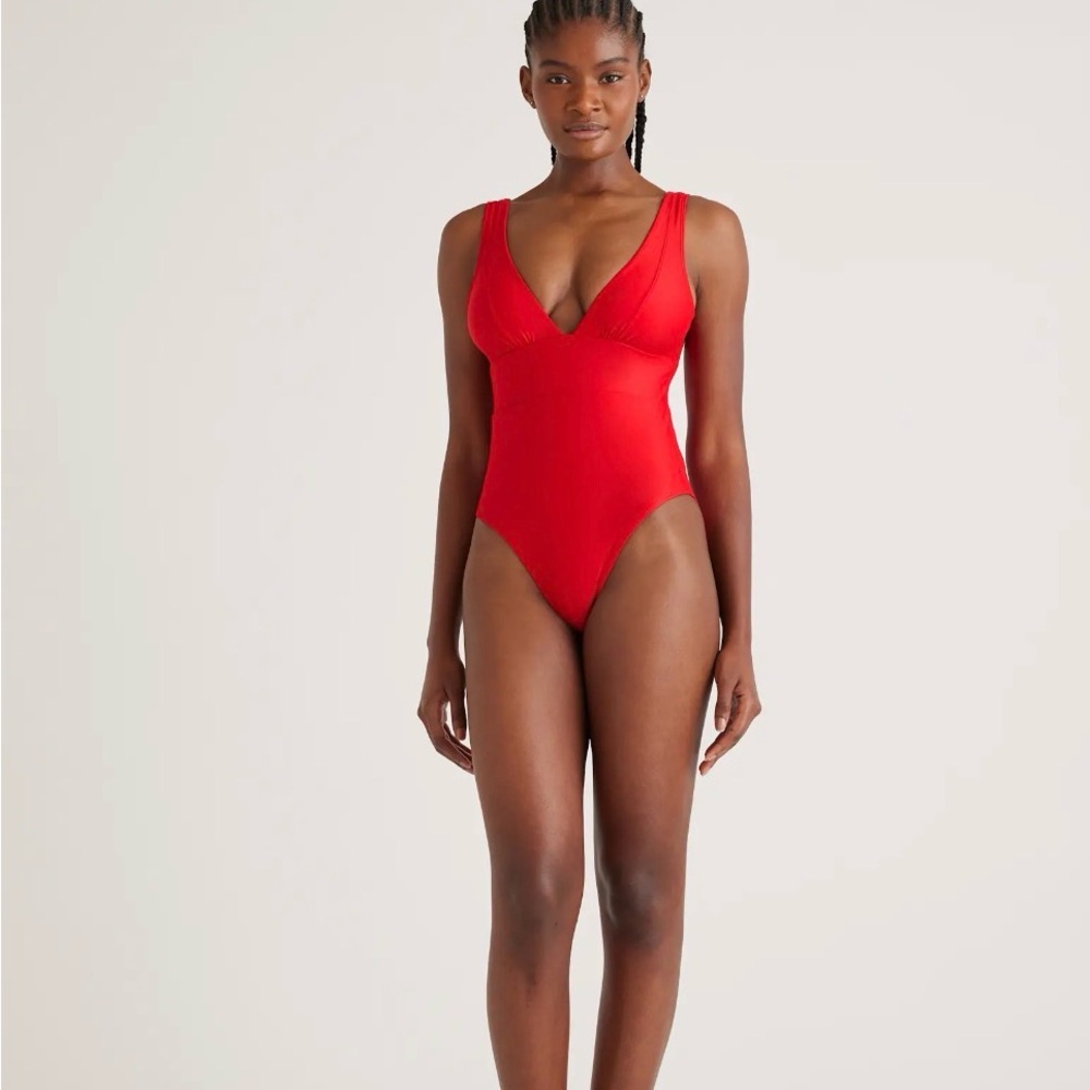 Quince Red V-Neck One-Piece Swimsuit